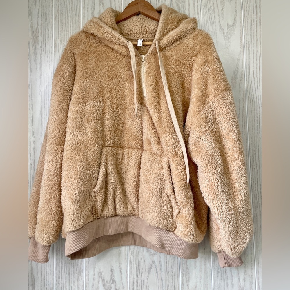 Meyook Tan Fleece Hoodie Fuzzy Long Sleeve Partial Zip Up Sherpa Pullover Sz XL